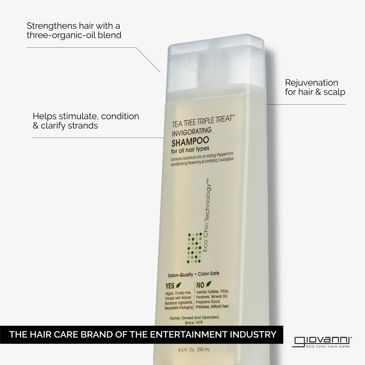GIOVANNI label close-up highlighting tea tree and botanical ingredients