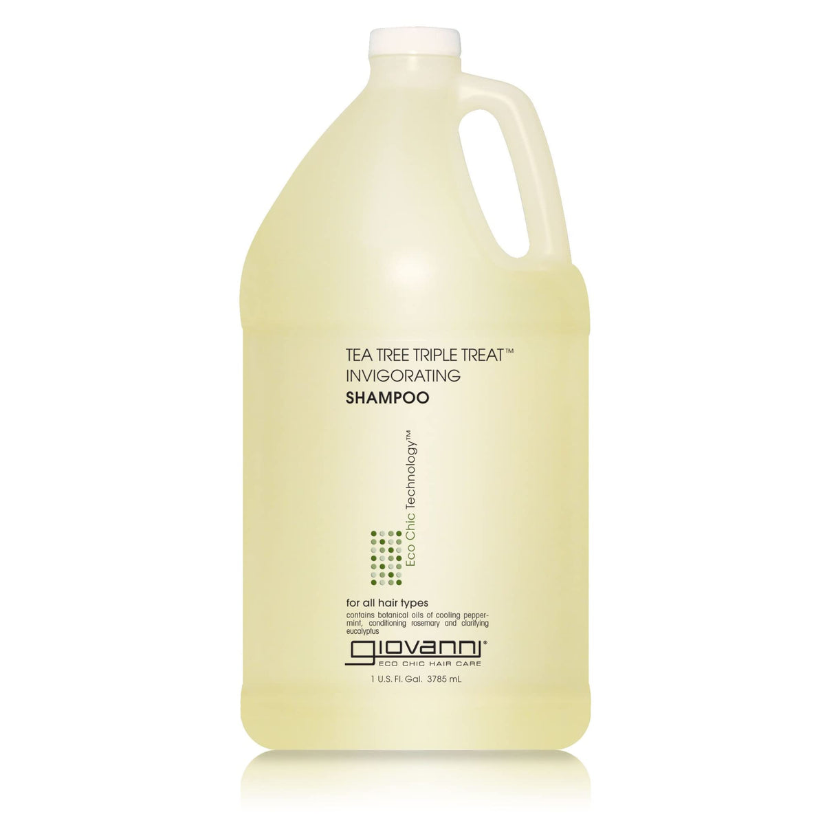 GIOVANNI front bottle view showing 128 fl oz and invigorating benefits