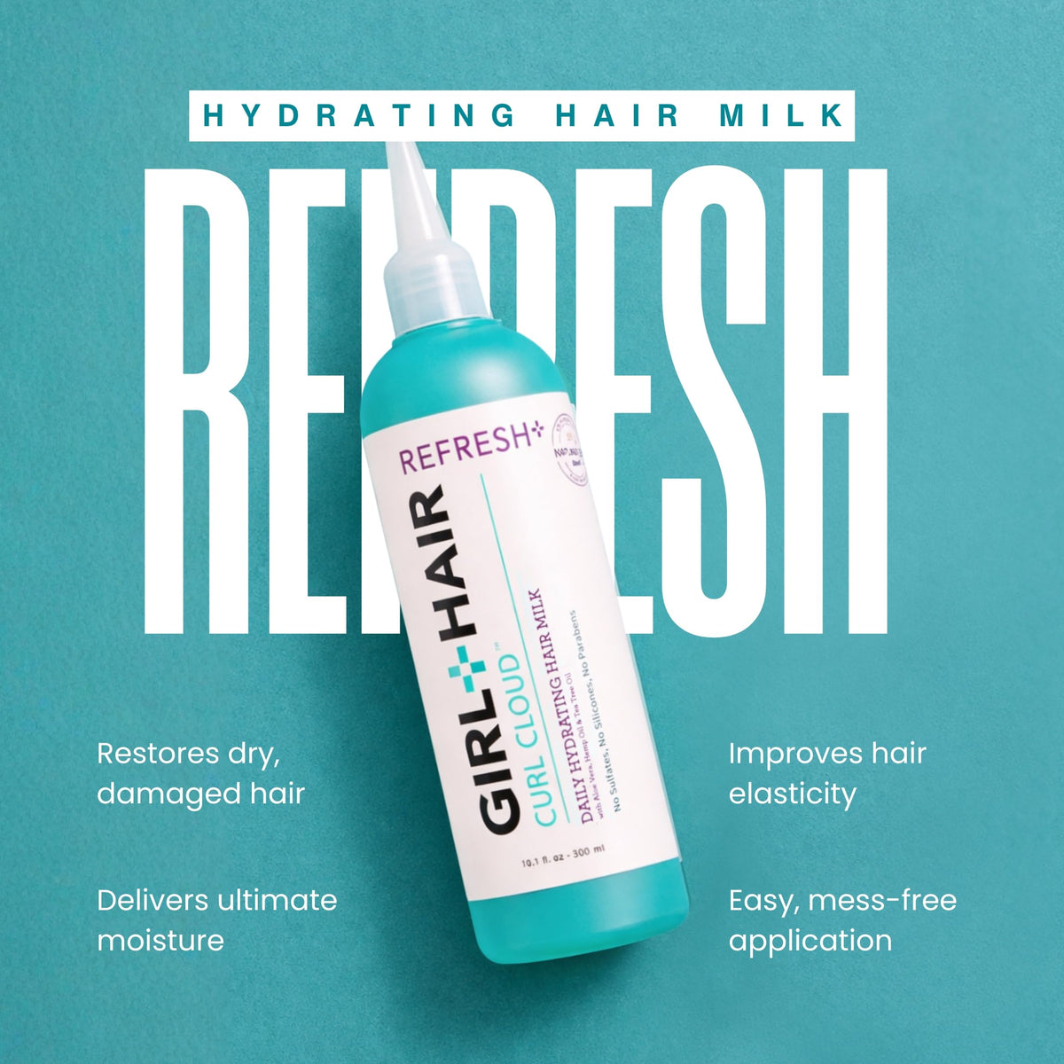GIRL+HAIR milk texture close-up illustrating lightweight, non-greasy hydration