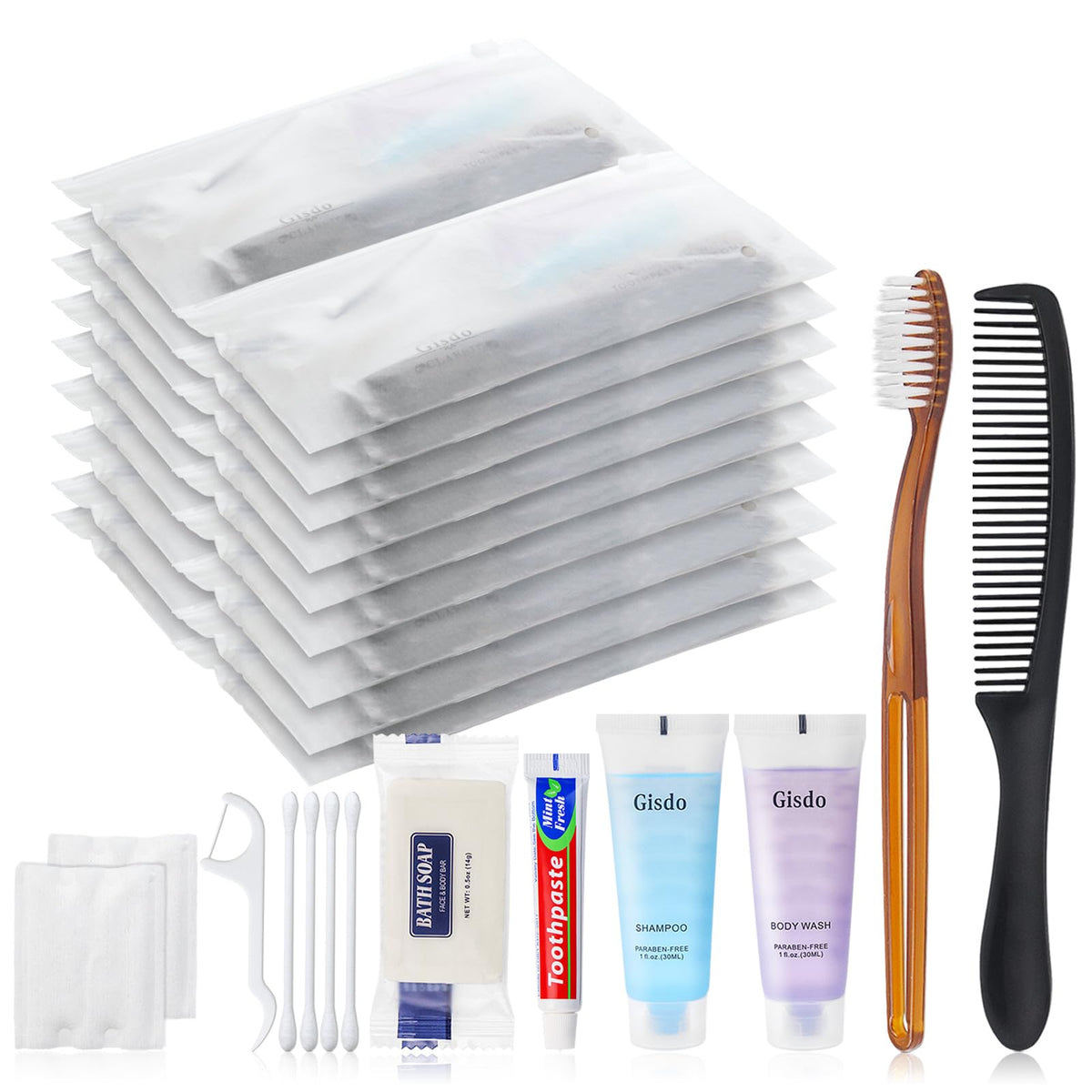 Gisdo toiletry kit packed into a travel bag for guest convenience