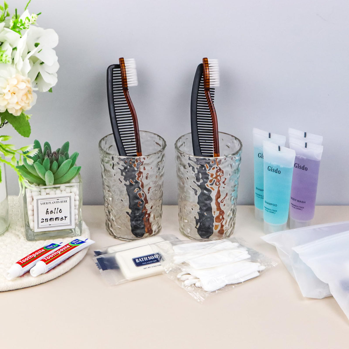 Gisdo arranged toiletry components ready for distribution efficiency