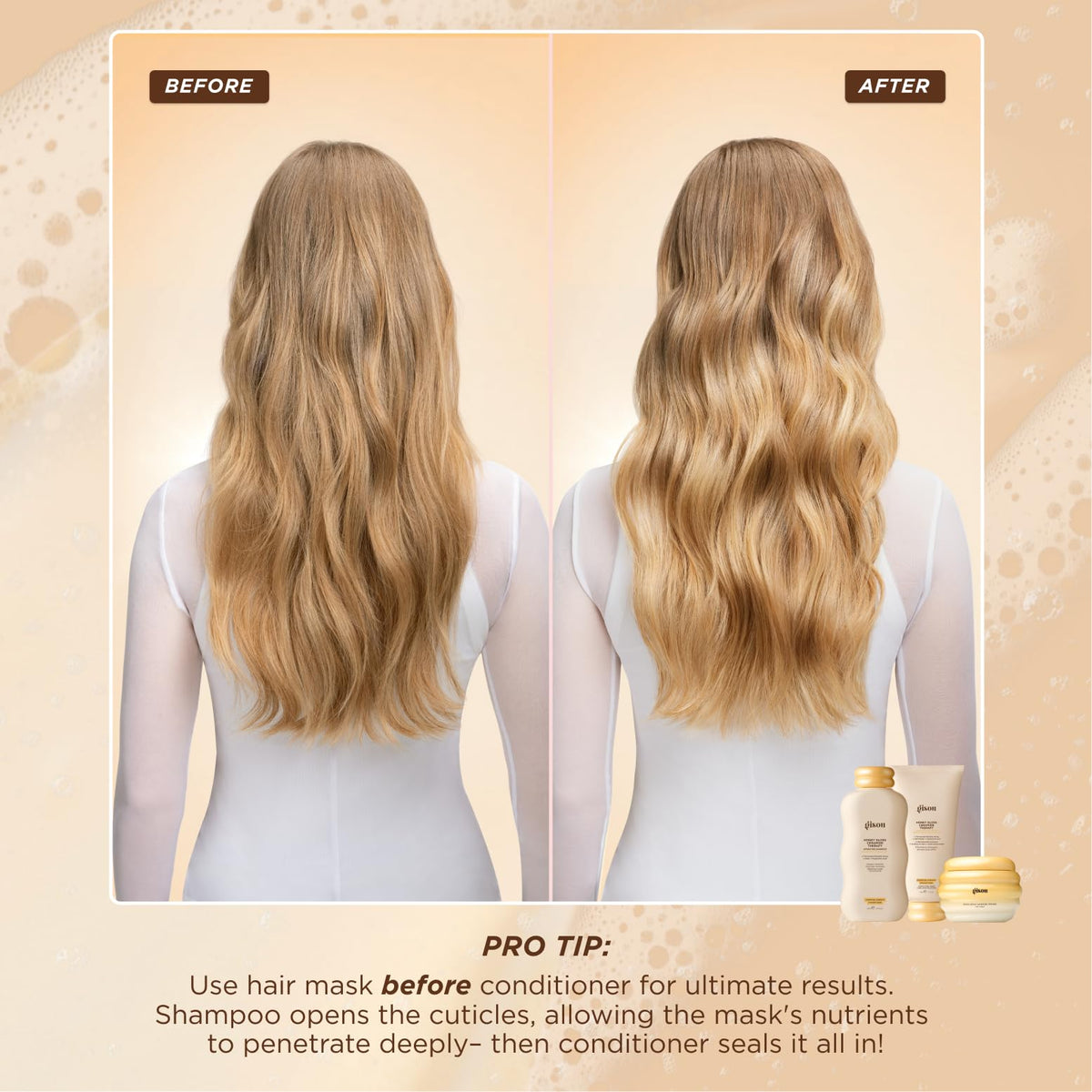 Person applying Gisou mask in shower for quick treatment and frizz control