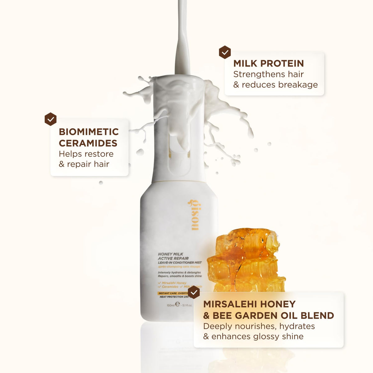 Gisou spray being applied to damp hair showing easy detangling and prep for styling