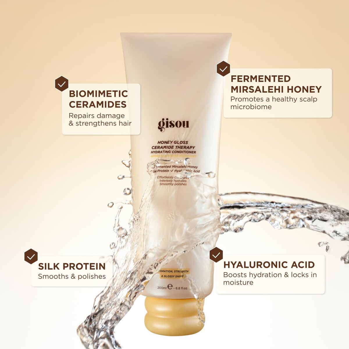 Close-up of Gisou ingredients showing ceramide and Mirsalehi Honey detail for strengthened hair barrier