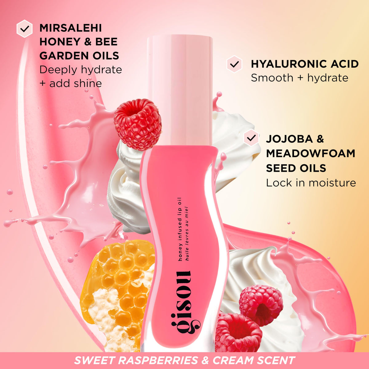 Gisou product label displaying Mirsalehi Honey and jojoba oil ingredients for natural benefits