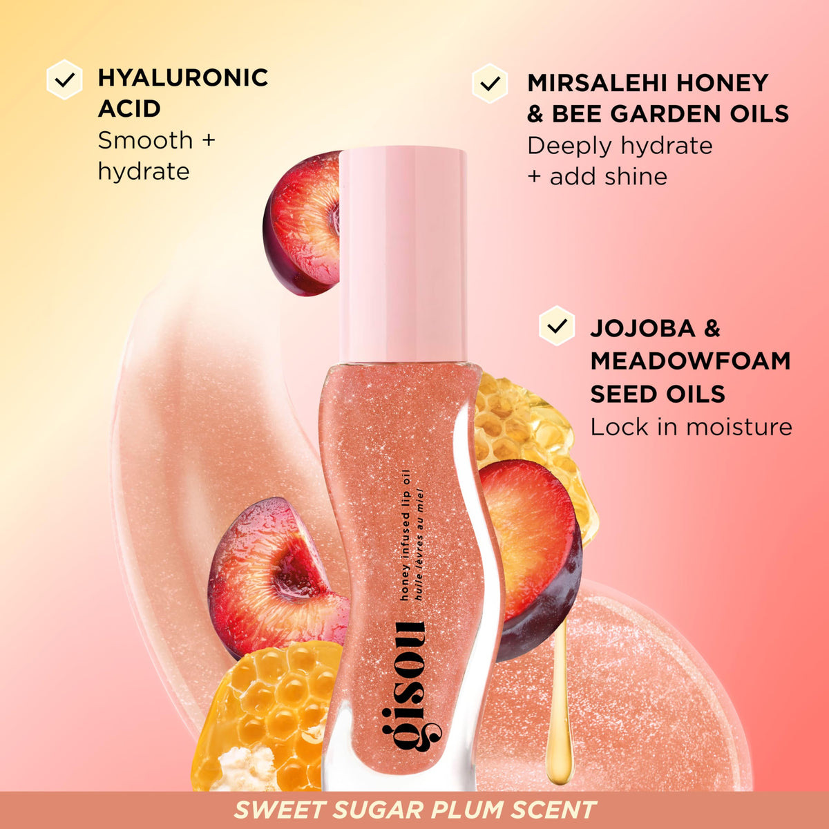 Gisou lip oil applied on lips showing hydrated, glossy finish and enhanced color