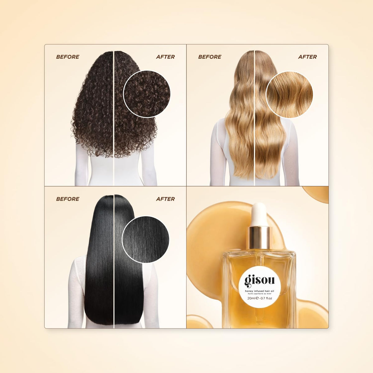 Gisou pouring oil into hair ends for targeted hydration and frizz control