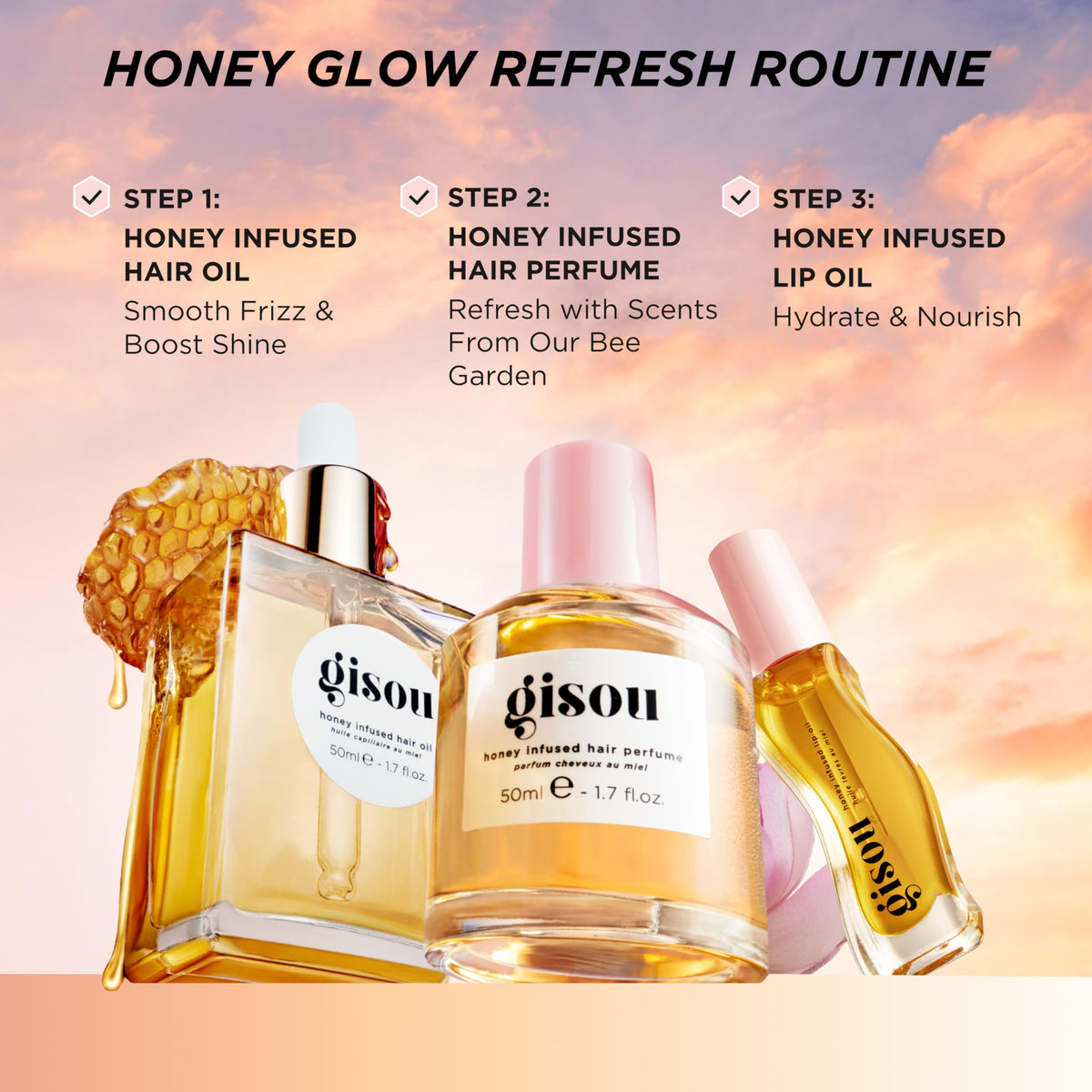 Gisou assortment of shades flatlay showing color options and shine