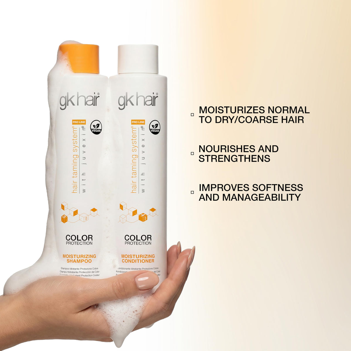 GK HAIR product being applied in hands showing smooth application and frizz control