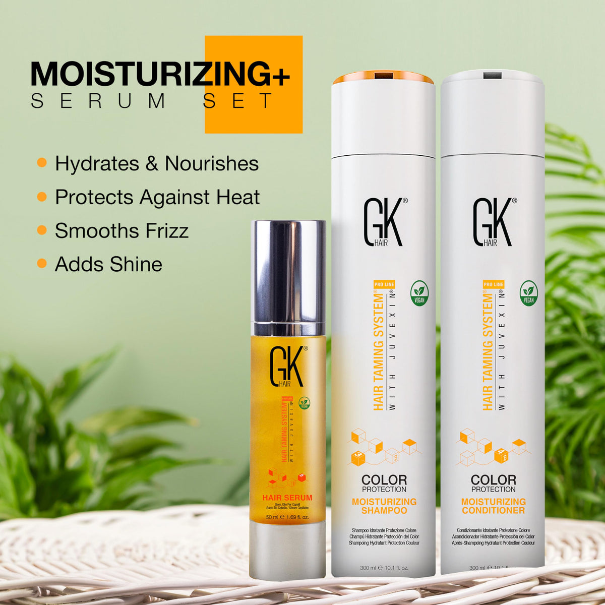 GK HAIR argan oil serum bottle detail highlighting lightweight shine and heat protection