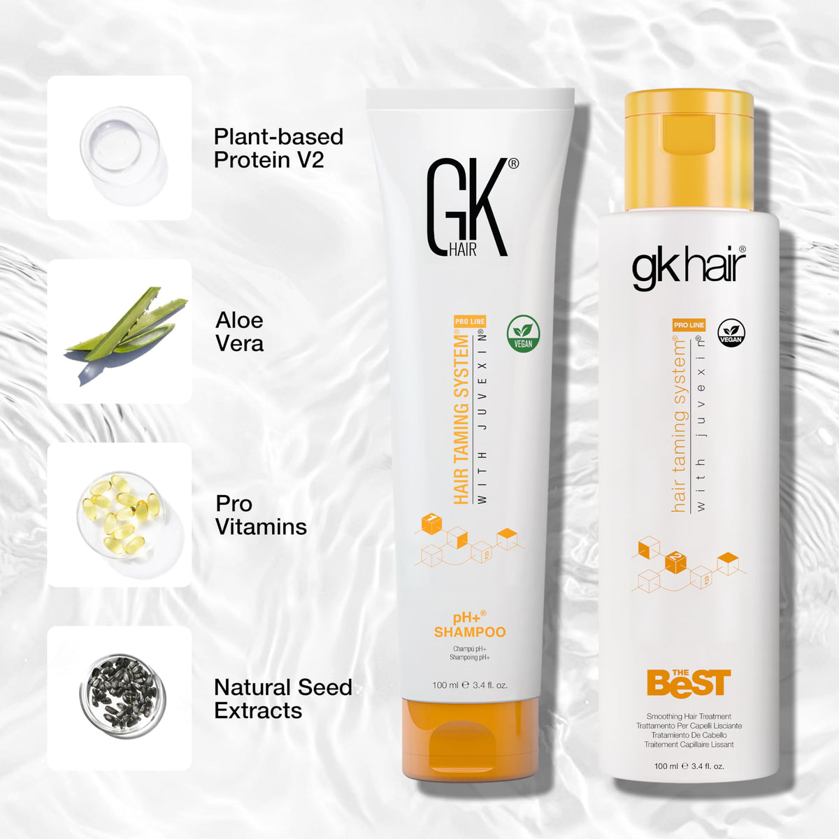 GK HAIR before and after comparison illustrating visible reduction in frizz and shine
