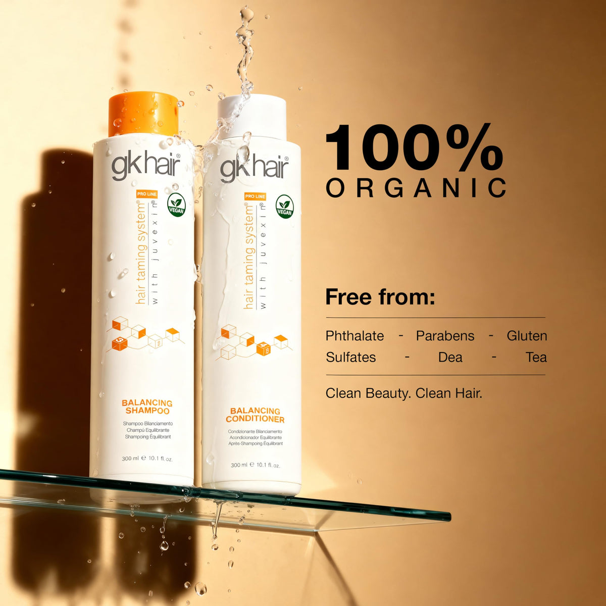 GK HAIR label close-up highlighting ingredients and gentle clarifying benefit