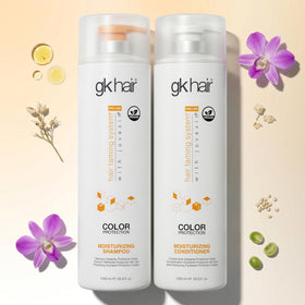 GK HAIR bottle label detail highlighting product name and usage benefits