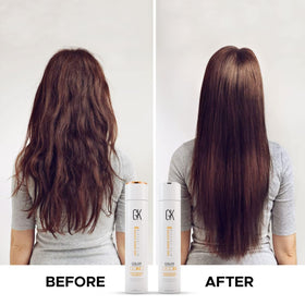 GK HAIR argan oil dropper over hair highlighting nourishing shine benefit
