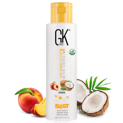 GK HAIR front packaging showing professional keratin bottle and benefit of salon results