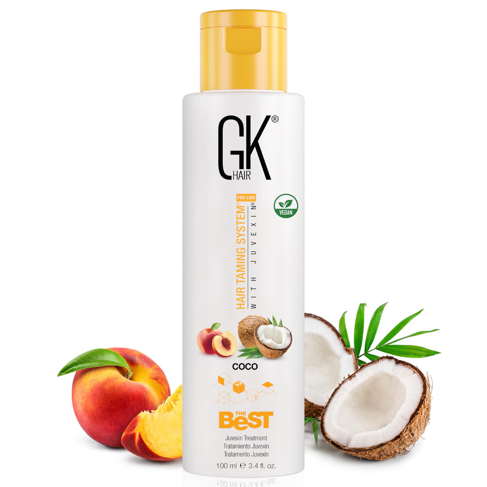 GK HAIR front packaging showing professional keratin bottle and benefit of salon results