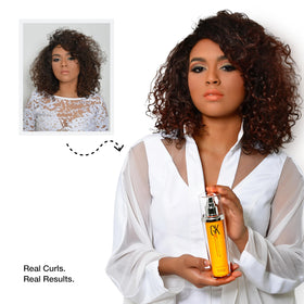 GK HAIR product on bathroom shelf with styling tools showing daily routine boost