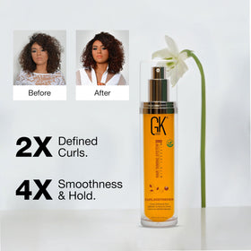GK HAIR model outdoors with defined curls showing natural-looking hold