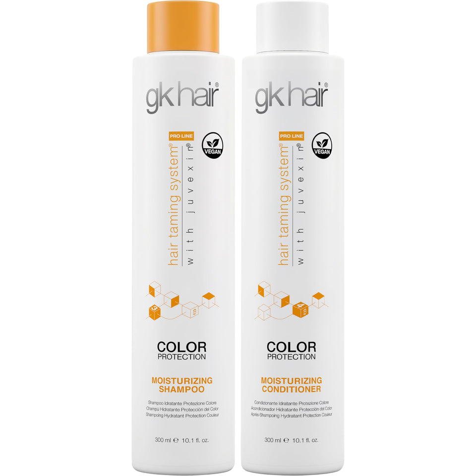 GK HAIR front packaging showing shampoo and conditioner, highlights professional salon benefits