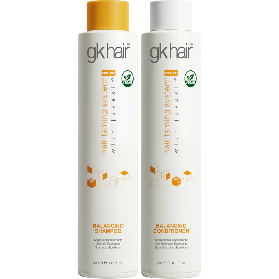 GK HAIR front packaging of balancing shampoo and conditioner showing set benefit