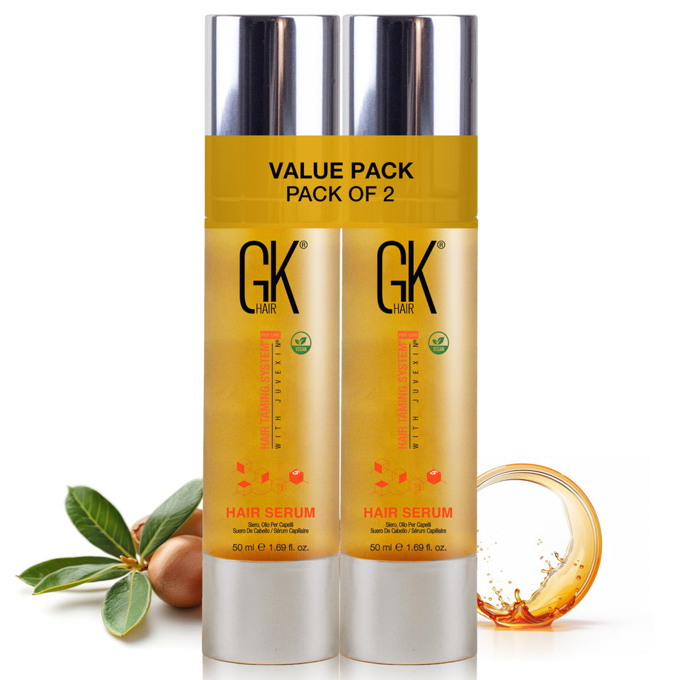 GK HAIR front packaging showing two oil serum bottles for glossy hair