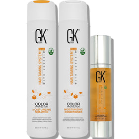 GK HAIR front packaging of shampoo conditioner set showing product benefits and size