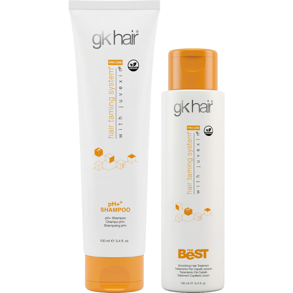 GK HAIR front packaging showing both shampoo and smoothing cream for sleek results
