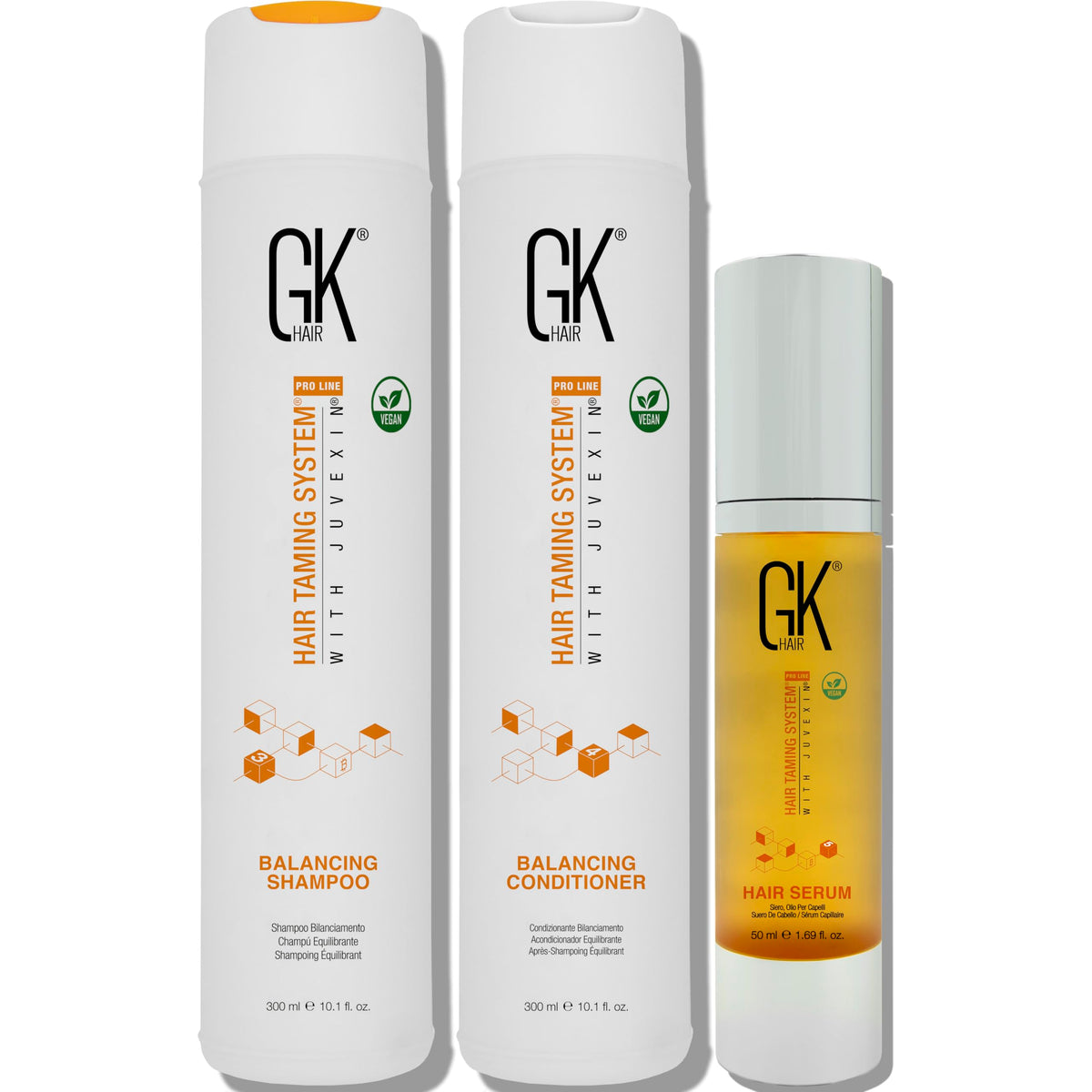 GK HAIR front packaging set showing bottles and serum for complete routine