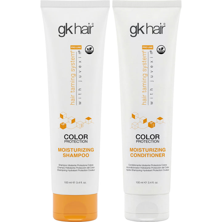 GK HAIR front packaging travel duo showing compact bottles and benefits