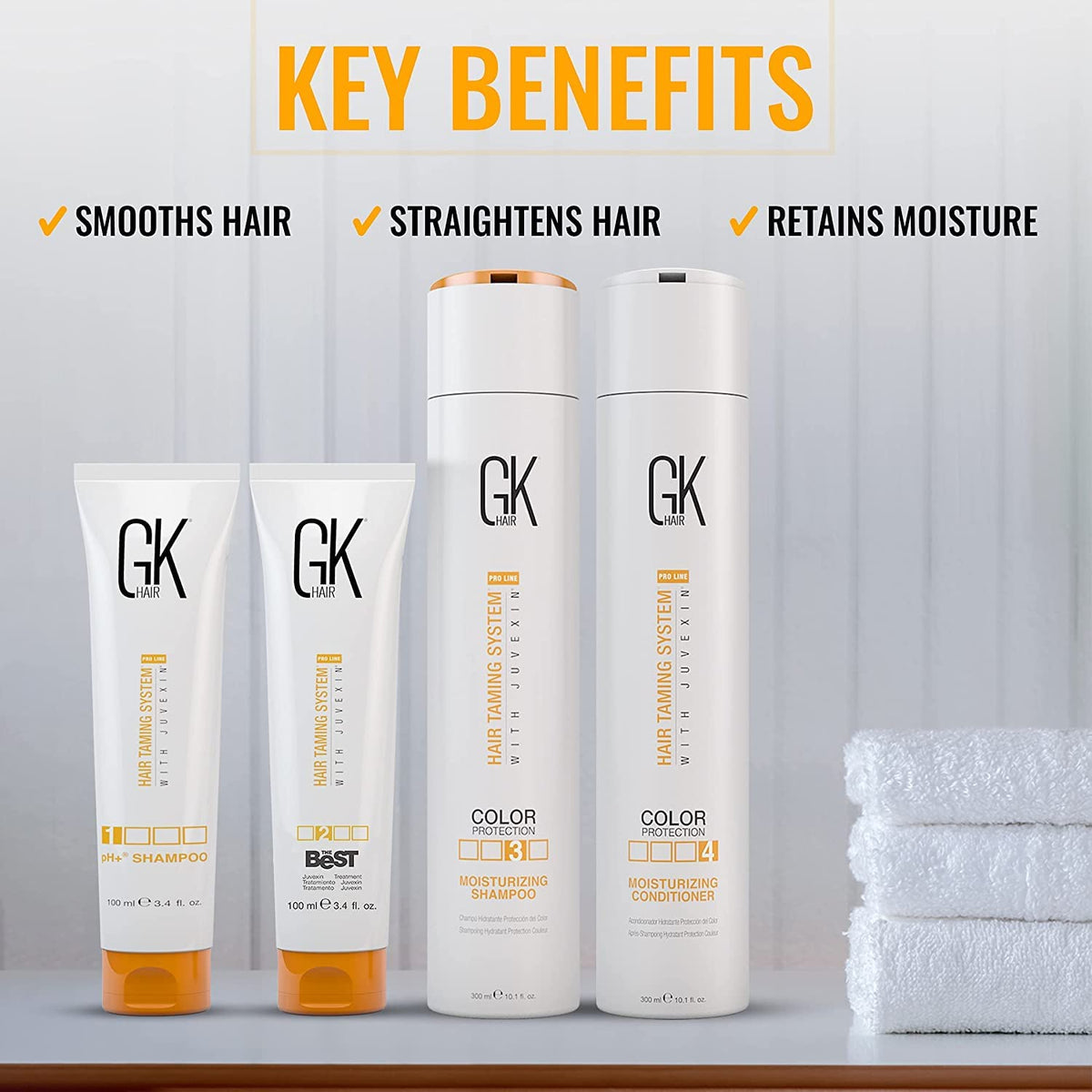 GK HAIR kit next to a hand showing 300ml scale and travel convenience