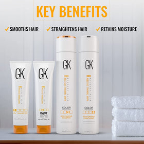GK HAIR kit next to a hand showing 300ml scale and travel convenience