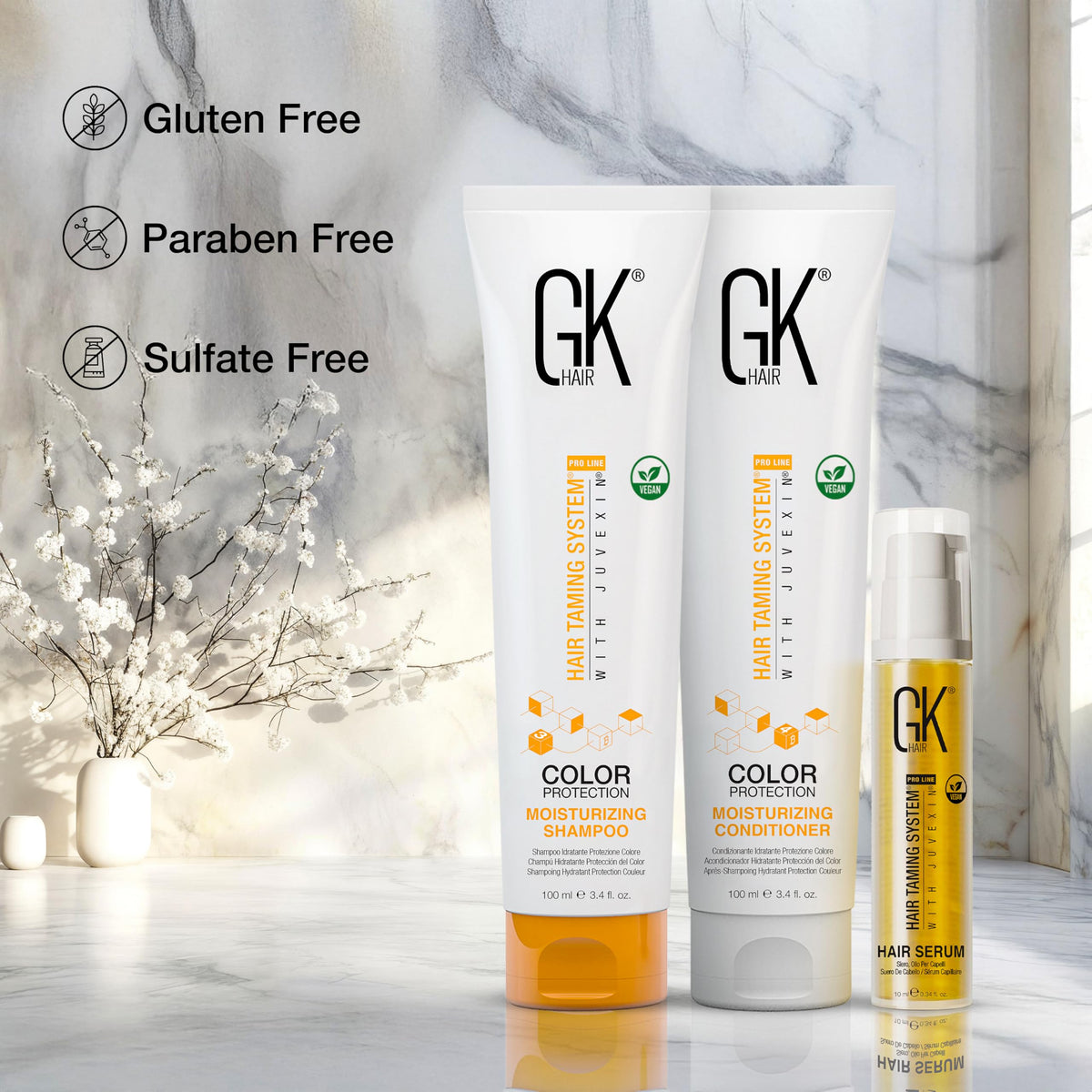 GK HAIR natural ingredients display with aloe and shea to show nourishing benefit