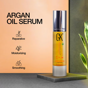 GK HAIR ingredients label highlighting argan oil and free-from benefits