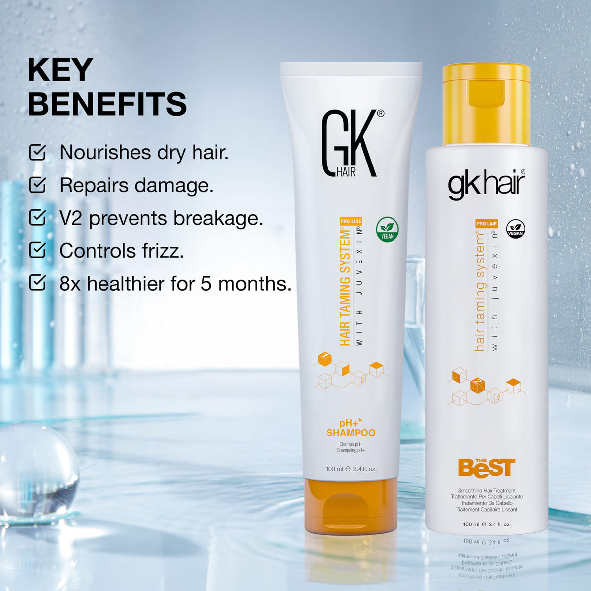 GK HAIR label showing Juvexin V2 plant protein ingredient for improved hair uniformity
