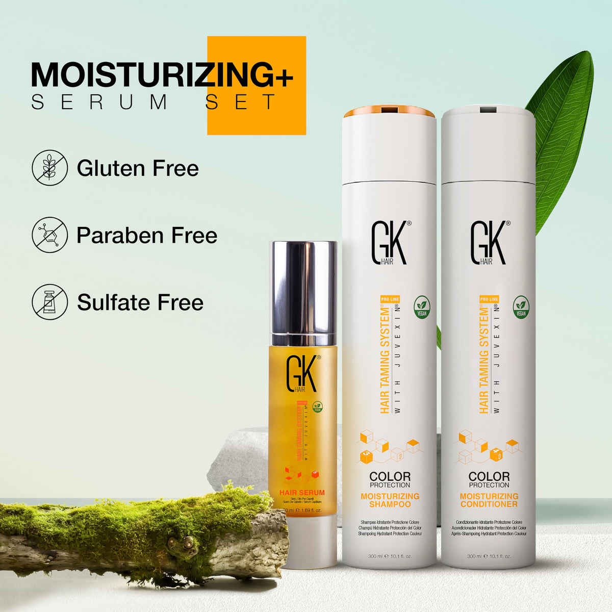 GK HAIR set styled on bathroom shelf illustrating everyday routine and salon-quality results