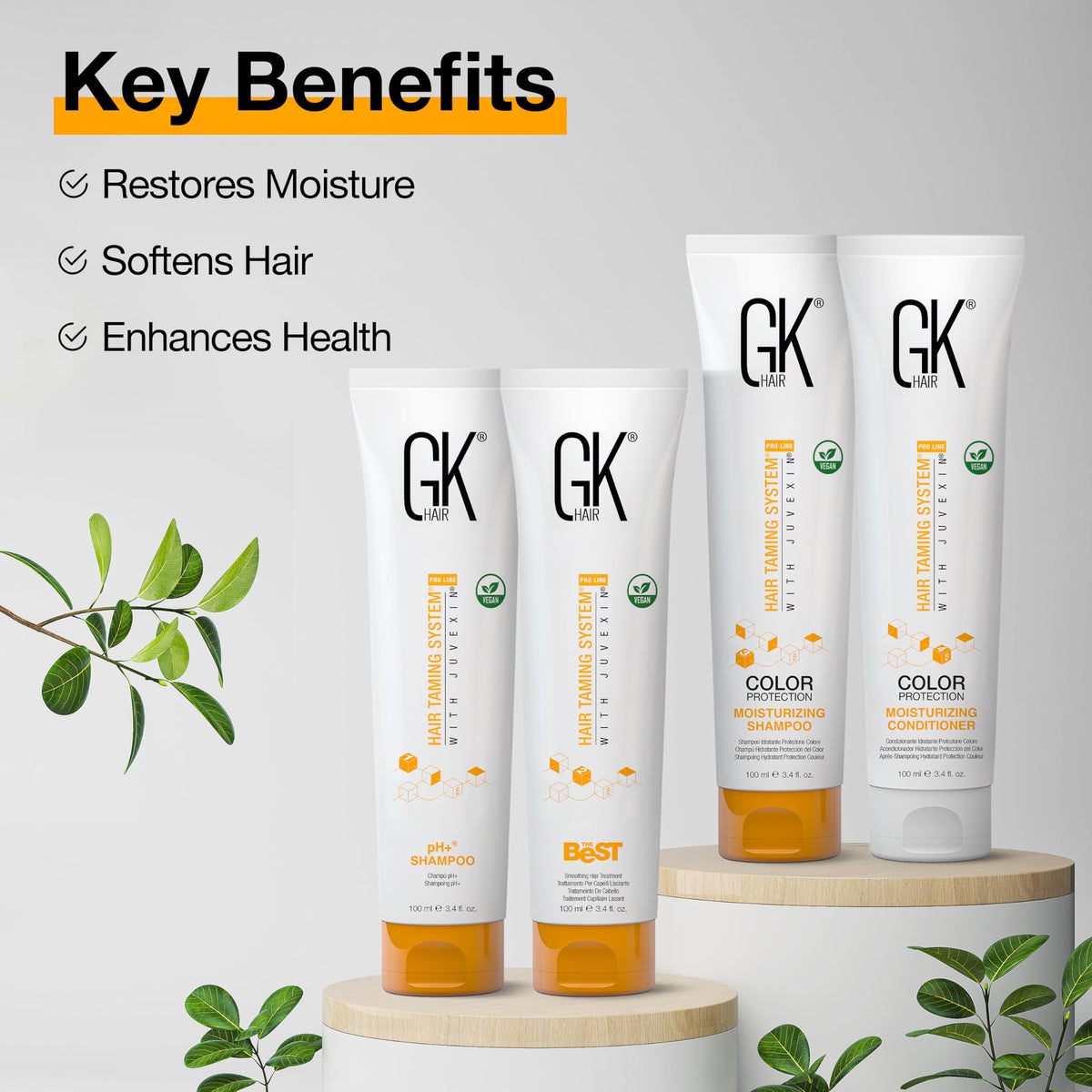 GK HAIR lifestyle model with smooth shiny hair demonstrating the benefit