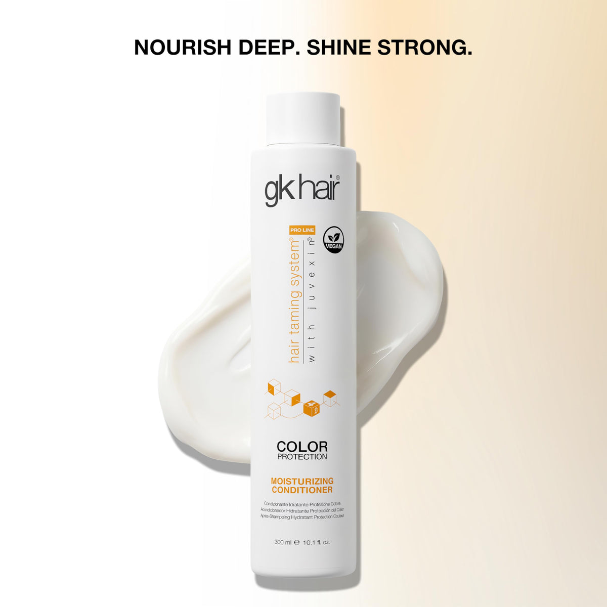 GK HAIR open cap showing ingredient list and gentle, protective formula