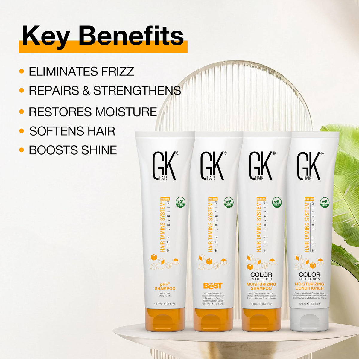 GK HAIR pH+ clarifying shampoo bottle showing preparation benefits