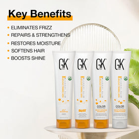 GK HAIR pH+ clarifying shampoo bottle showing preparation benefits