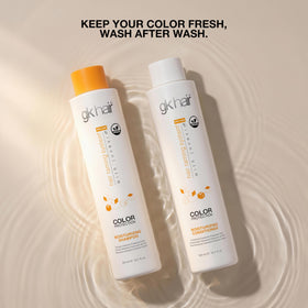GK HAIR duo on bathroom shelf illustrating everyday salon-grade routine convenience