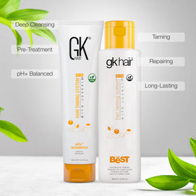 GK HAIR pH clarifying shampoo pump close-up demonstrating easy dispensing benefit