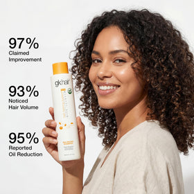 GK HAIR balancing set on bathroom shelf suggesting everyday routine benefit