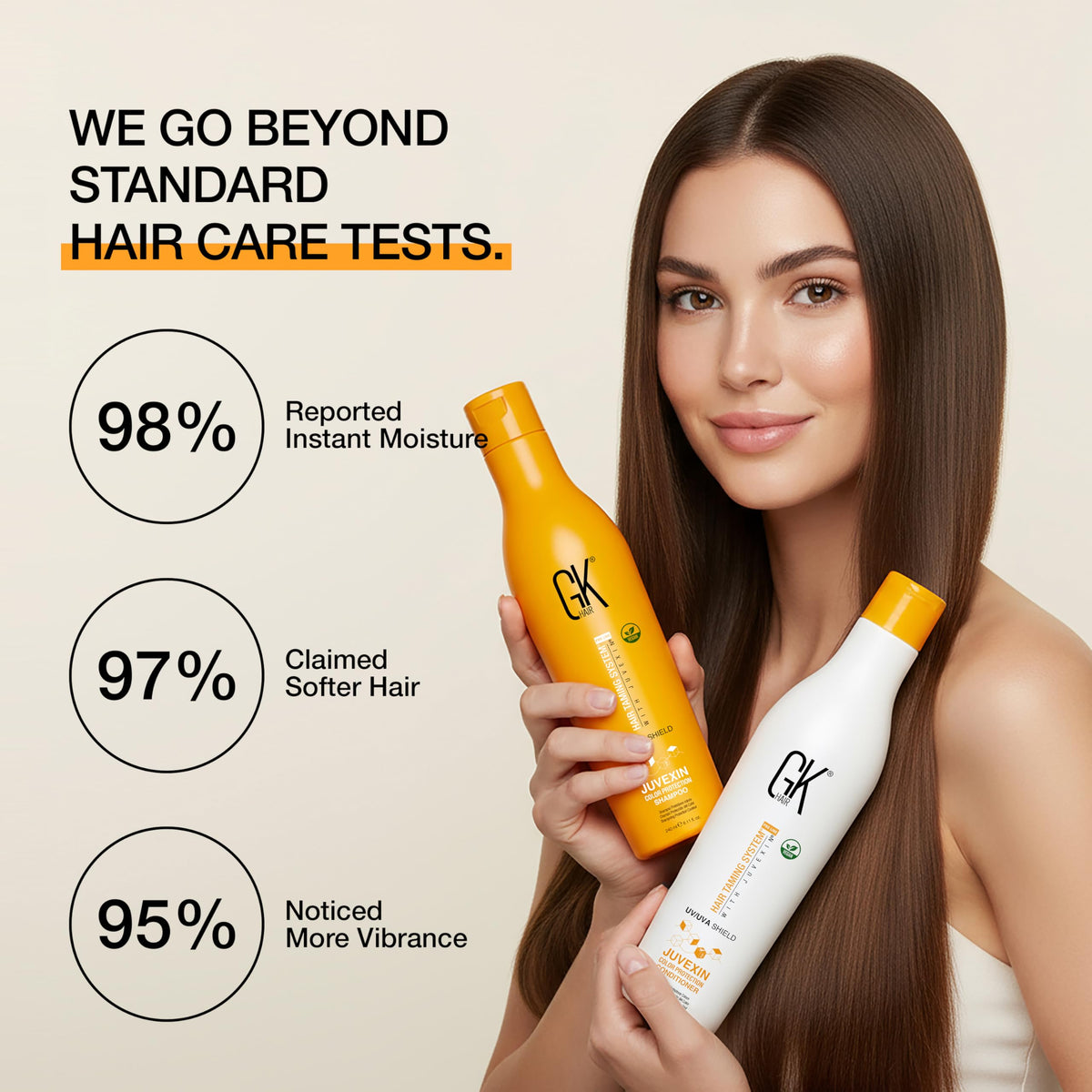 GK HAIR product in hands during application for visible smoothing benefit