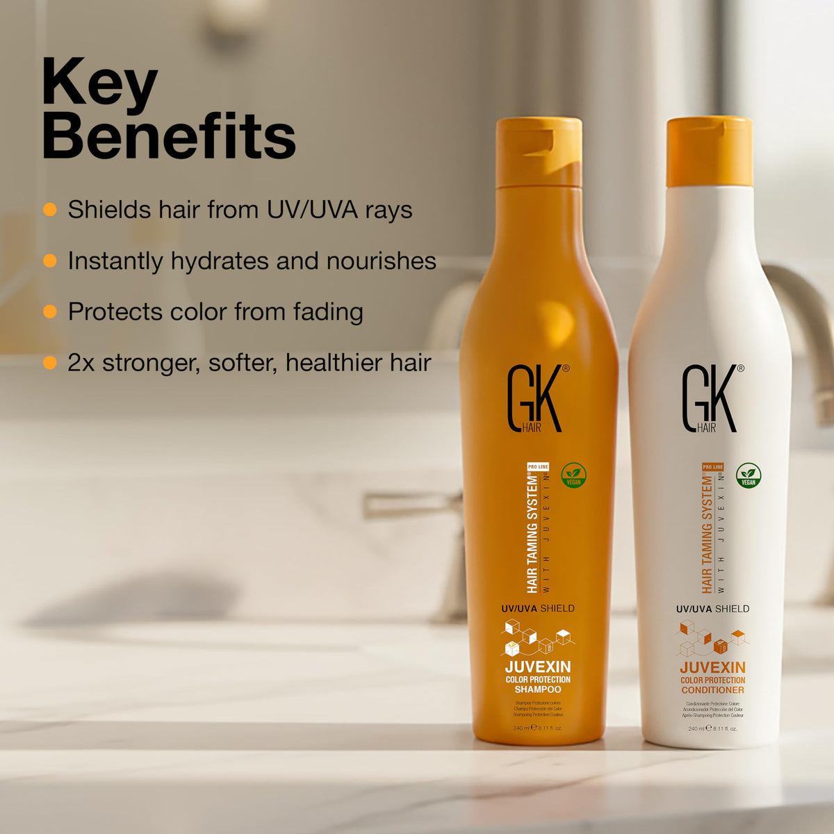 GK HAIR bottles in hand for scale and travel-friendly size benefit