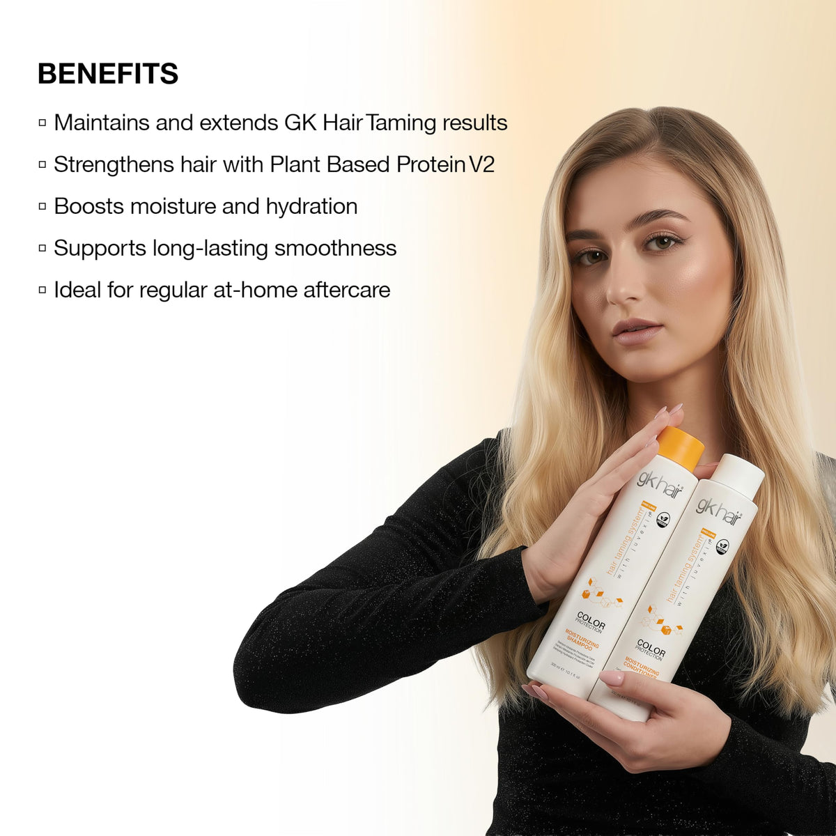 GK HAIR 10.1 oz bottles next to everyday objects showing true size and travel-friendly benefit