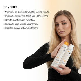 GK HAIR 10.1 oz bottles next to everyday objects showing true size and travel-friendly benefit