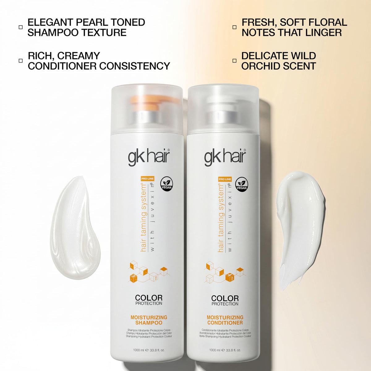 GK HAIR bottles next to hand for scale showing generous 33.8 oz volume