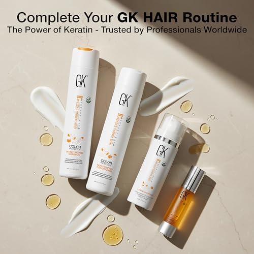 GK HAIR size scale next to hand indicating compact travel-friendly bottle