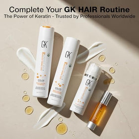 GK HAIR size scale next to hand indicating compact travel-friendly bottle
