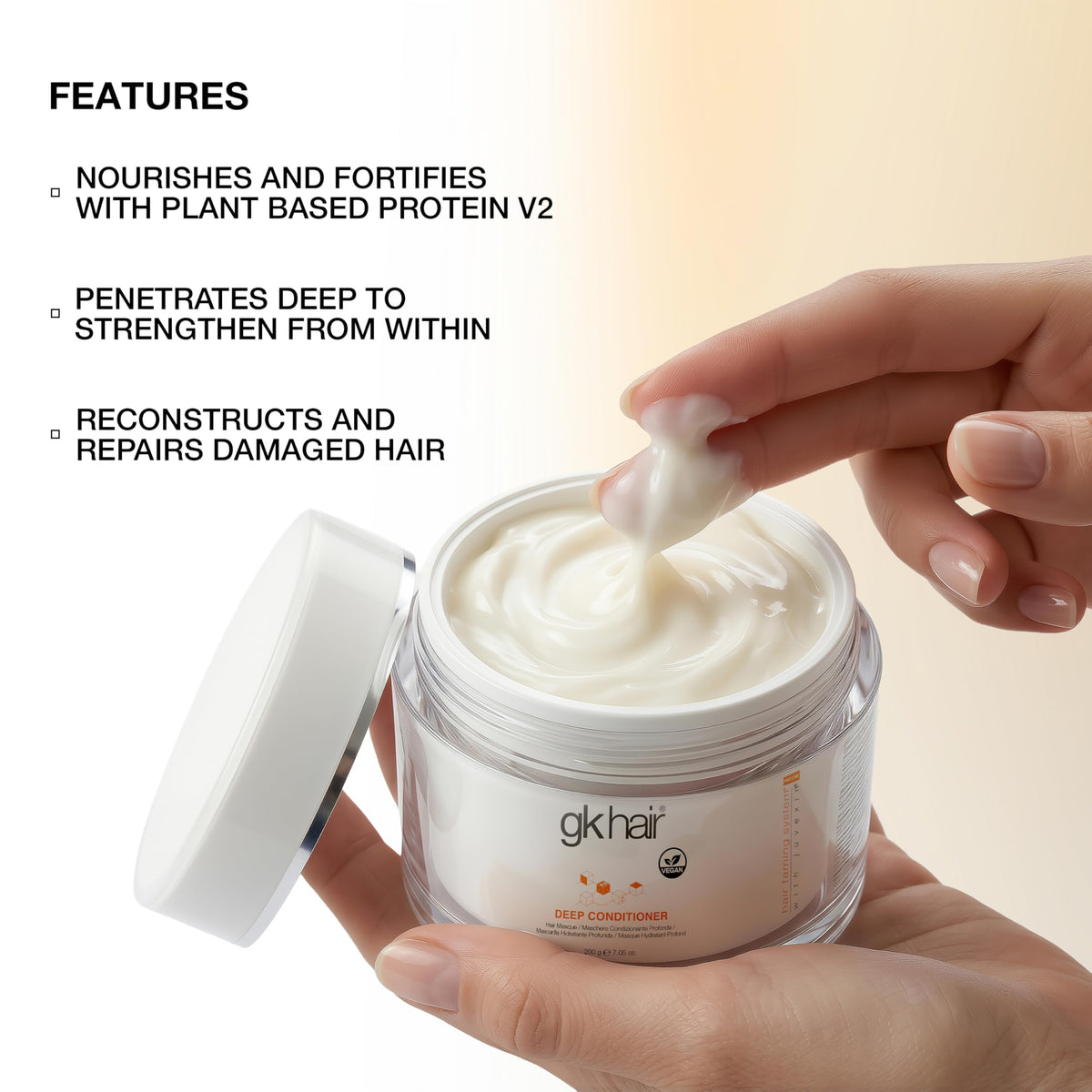 GK HAIR jar held in hand showing 7.05 oz size and travel-ready benefit